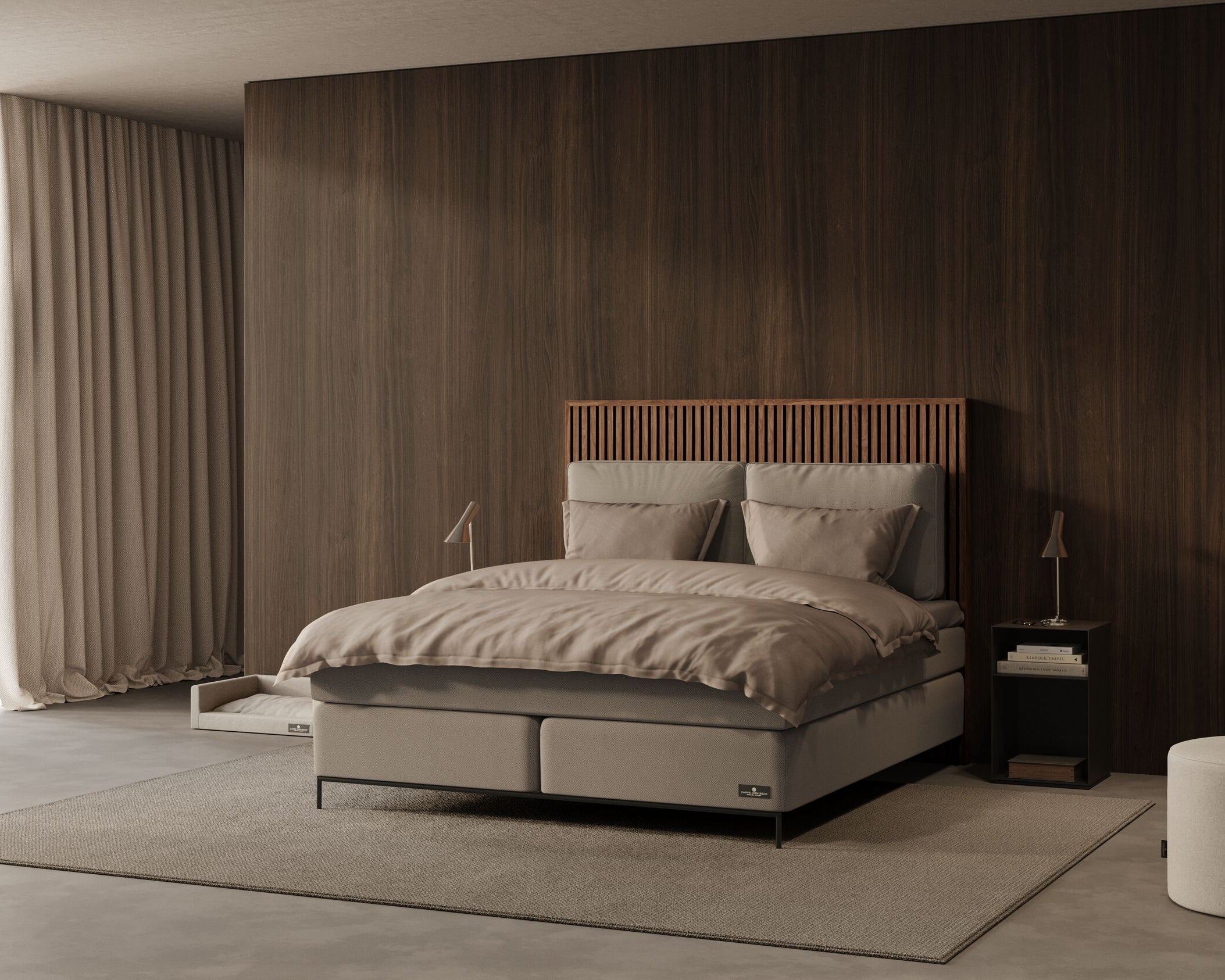 Modern bedroom with a bed, nightstands, and decor elements.