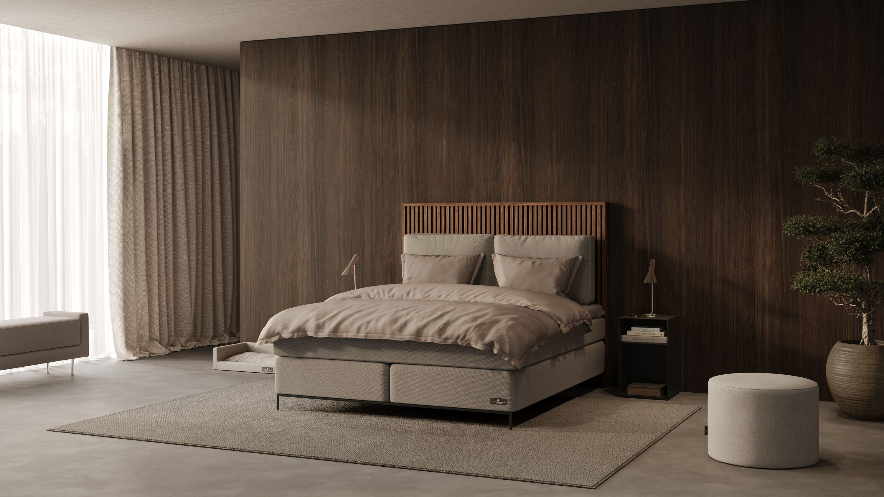 Modern bedroom with a bed, nightstands, and decor elements.
